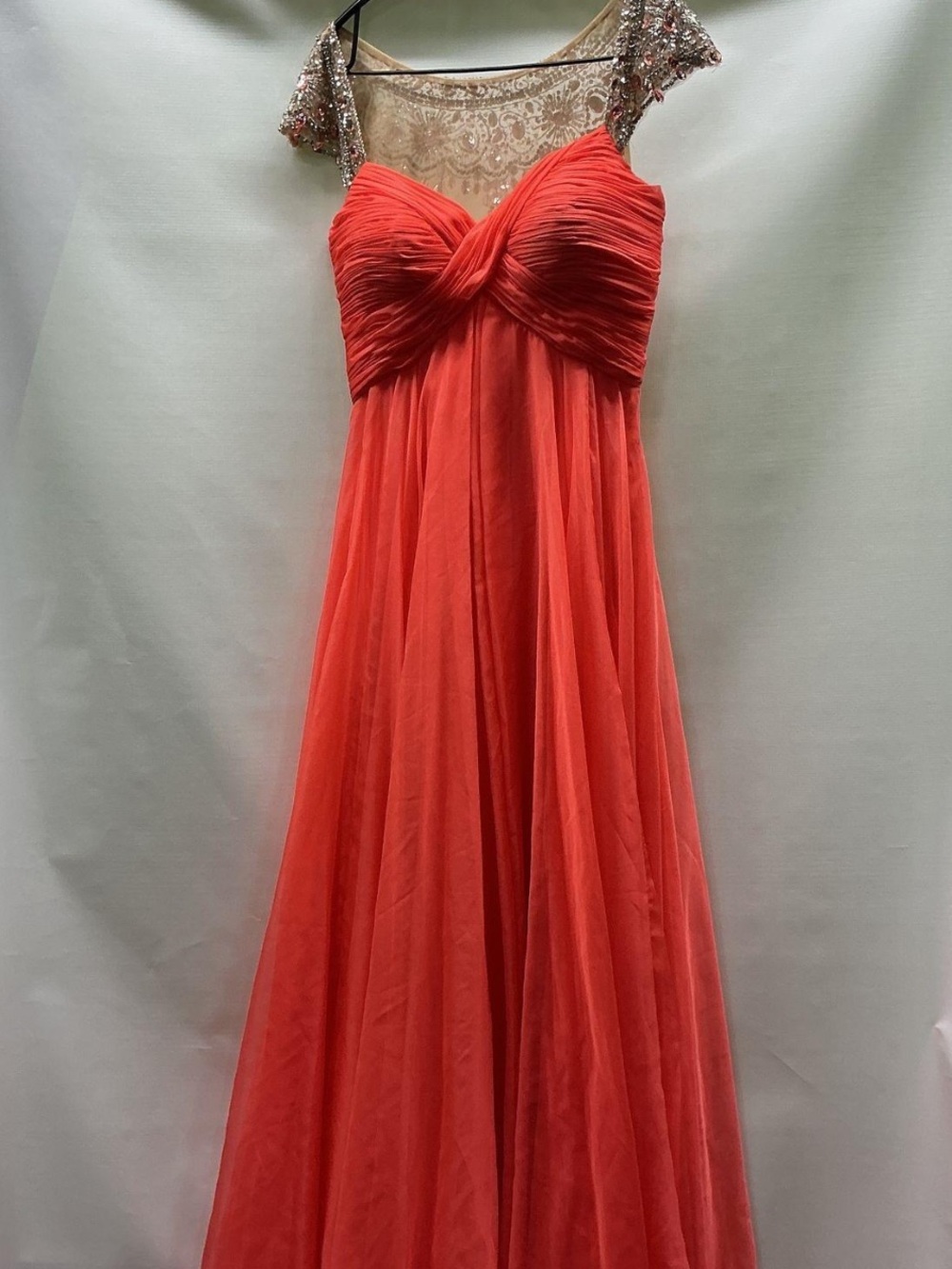 Sherri Hill Coral Chiffon Evening Gown with Embellished Illusion Shoulders